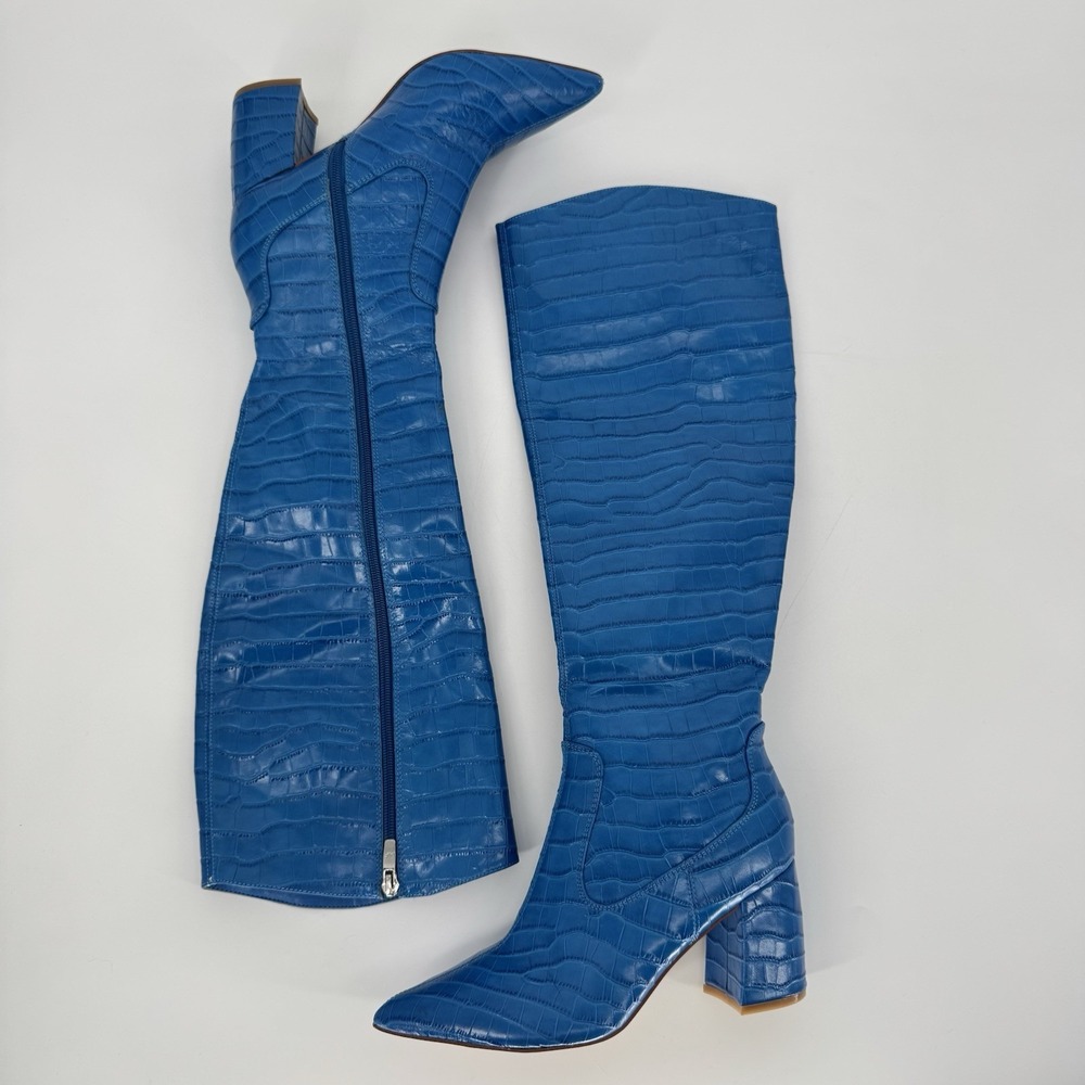 Marc Fisher Blue Croc Embossed‎ Knee High Boots Block Heel Pointed Toe 7M - Picture 3 of 10